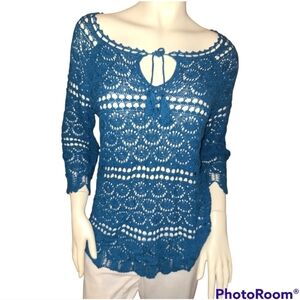 Lucky Brand* Boho Crocheted Sweater* Blue* Sz L